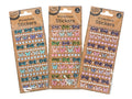 assorted colours including blue, pink, purple and green; shapes include bows, butterflies, hearts and round rhinestones; rhinestone style with shiny, gem-like appearance; single sheet packaging with kraft card backing;