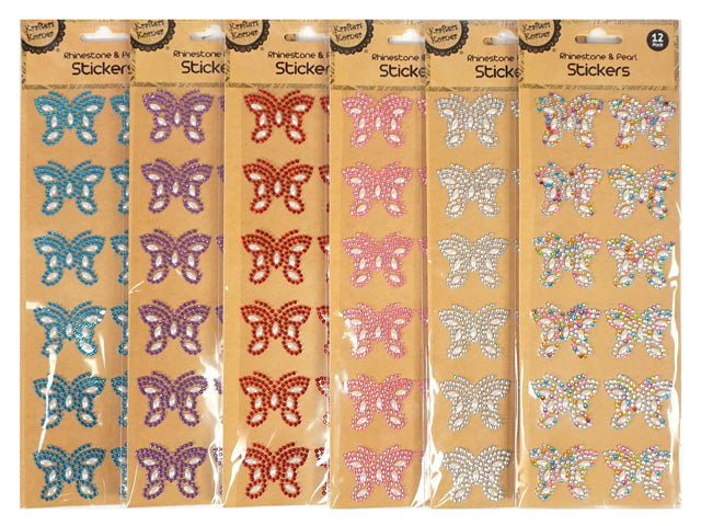 butterfly shaped stickers; rhinestone and pearl design; pack of 12 stickers; available in multiple colours; stickers on brown card backing;