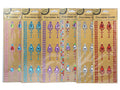 multiple packs of rhinestone stickers; chandelier style design with teardrop gems; various colours including pink, blue, purple, silver, red; stickers on brown backing card;