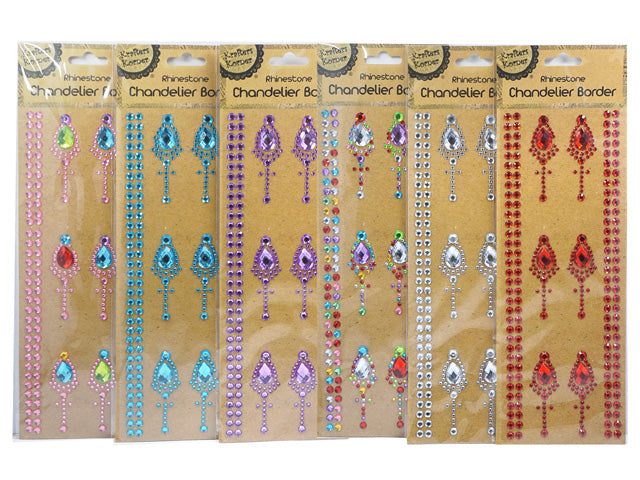 multiple packs of rhinestone stickers; chandelier style design with teardrop gems; various colours including pink, blue, purple, silver, red; stickers on brown backing card;