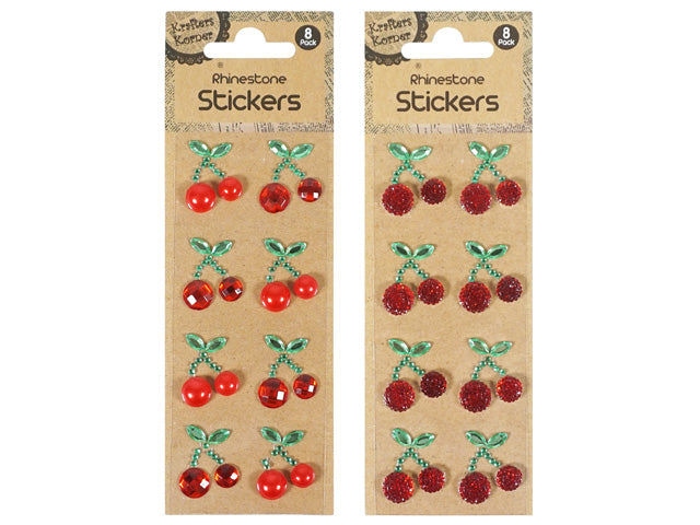 red cherry shapes with rhinestones; green leaf detail above cherries; 8 stickers per pack; each sticker has two cherries connected; packaging shows two different red designs (solid and faceted);