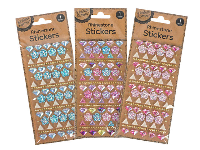 multiple sheets of stickers; flower-shaped rhinestone decals; triangle-shaped rhinestone stickers; various colours including blue, pink, purple; kraft paper backing packaging;