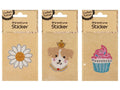 single sticker per pack; kraft paper backing card; three design options visible: flower, dog with crown, cupcake; stickers decorated with rhinestones and glitter; bright colours including white, gold, pink, blue and brown;
