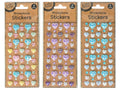 heart shaped rhinestones; assorted colours including blue, pink, purple, white, gold; shiny, faceted surface; single sticker sheets with multiple small hearts; kraft paper backing with plastic cover;