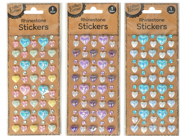 heart shaped rhinestones; assorted colours including blue, pink, purple, white, gold; shiny, faceted surface; single sticker sheets with multiple small hearts; kraft paper backing with plastic cover;