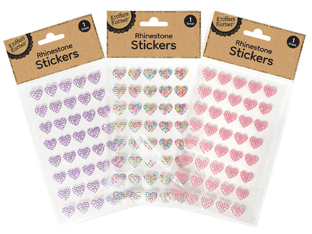 heart shapes; rhinestone texture; colours include purple, pink, multicolour; packaged in clear plastic with brown paper header;