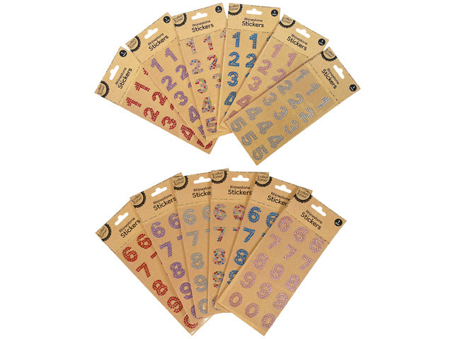 Rhinestone-style number stickers; Various colours including red, blue, purple, pink, silver; Numbers 0-9 on each pack; 15 stickers per pack; Brown cardboard backing packaging;