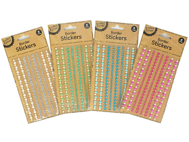 8 strips per pack; combination of rhinestones and pearls; available in blue, green, pink, and neutral colours; stickers arranged in straight rows on kraft paper backing;
