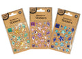star and diamond shaped rhinestone stickers; assorted colours including blue, purple, green, gold and silver; 39 stickers per pack; transparent backing sheet; kraft paper packaging with hang tab;