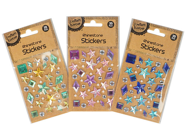 star and diamond shaped rhinestone stickers; assorted colours including blue, purple, green, gold and silver; 39 stickers per pack; transparent backing sheet; kraft paper packaging with hang tab;