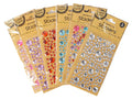 pack of rhinestone stickers; assorted colours: clear, red, blue, pink, purple; various sizes of round gems; kraft paper backing with clear plastic cover; single pack with hang hole;