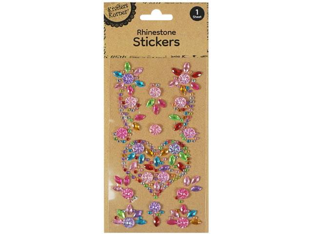 multicoloured rhinestone stickers; floral and heart shapes; kraft brown cardboard backing; single sheet packaging with hanging tab; branded Krafters Korner;