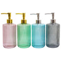 Ribbed glass body; Four pastel colours: pink, green, blue, grey; Metallic pumps in gold and chrome finishes; Cylindrical shape; Size approx. 7.5x20cm;