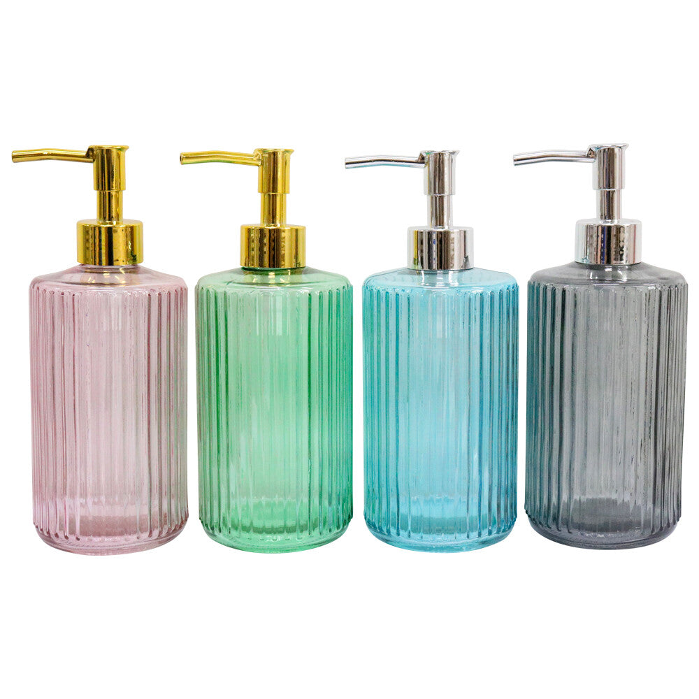Ribbed glass body; Four pastel colours: pink, green, blue, grey; Metallic pumps in gold and chrome finishes; Cylindrical shape; Size approx. 7.5x20cm;