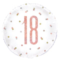 round balloon shape; rose gold number 18; white background; prismatic confetti pattern; foil material;