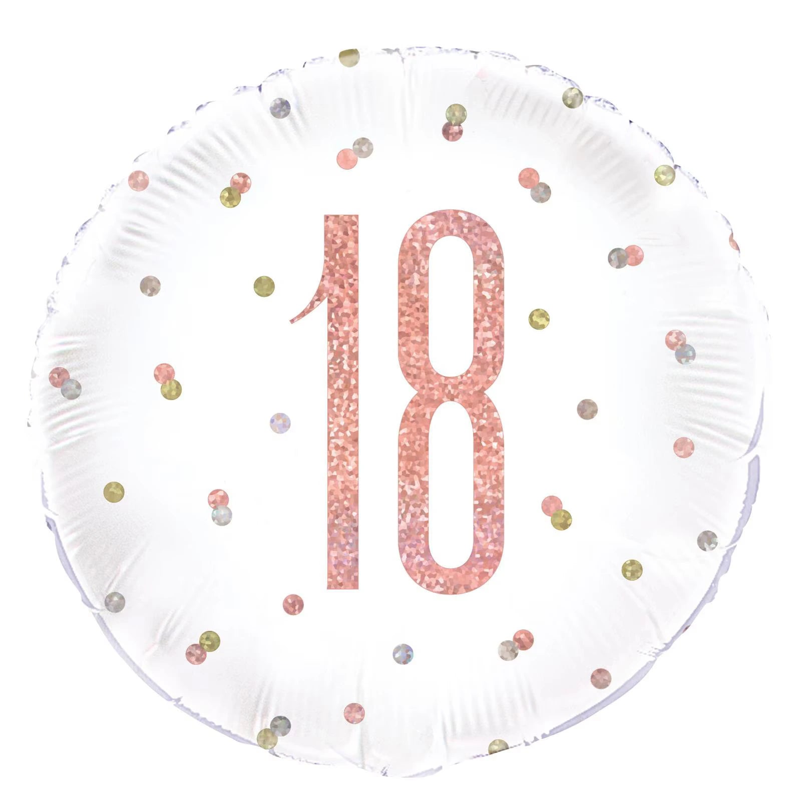 round balloon shape; rose gold number 18; white background; prismatic confetti pattern; foil material;