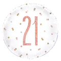 round balloon shape; rose gold coloured number 21; white background with scattered confetti dots; foil material with prismatic shine;