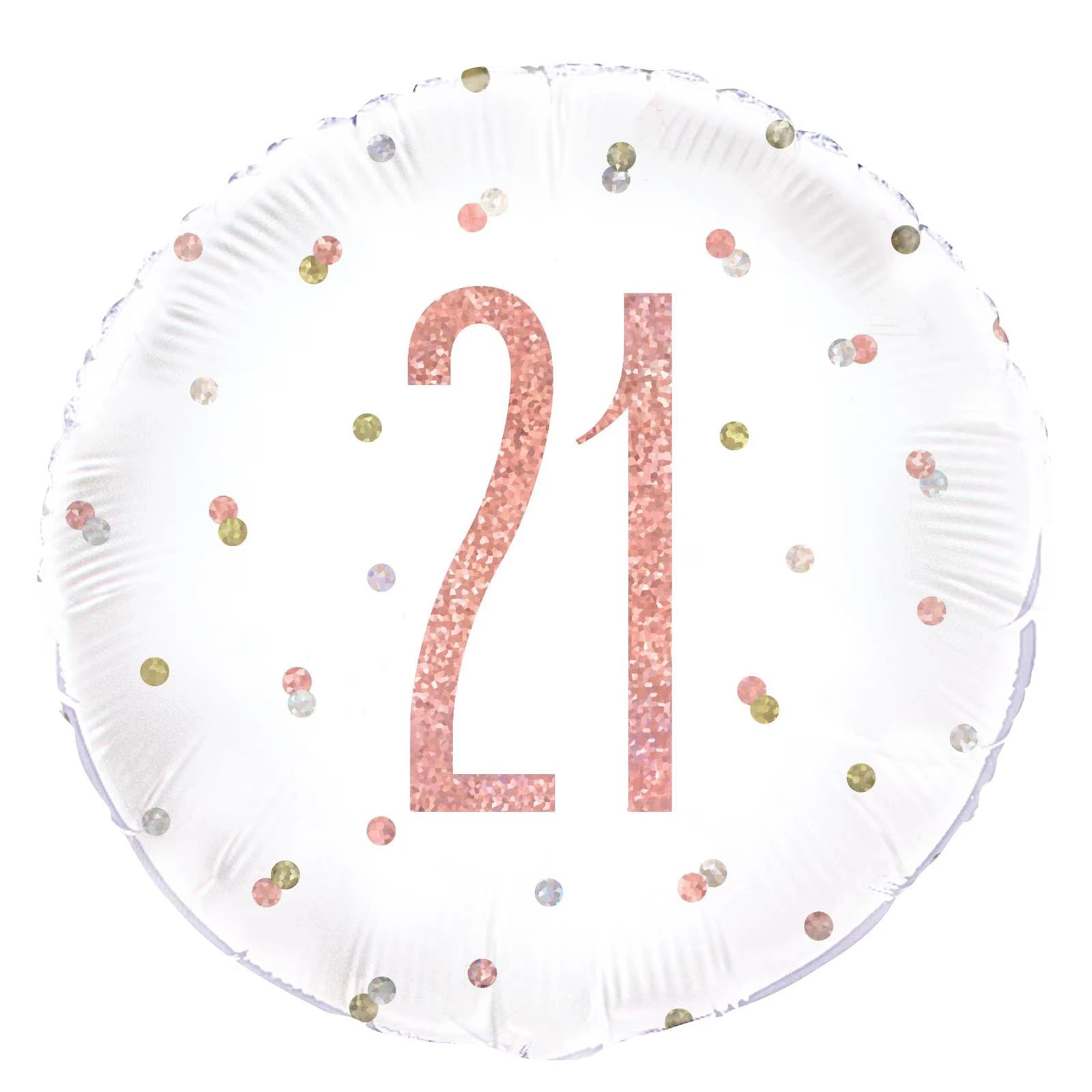 round balloon shape; rose gold coloured number 21; white background with scattered confetti dots; foil material with prismatic shine;