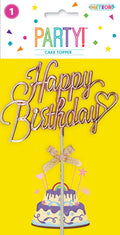 Rose gold colour; Script "Happy Birthday" text; Heart shape detail; Small glittery bow ribbon; Plastic material;