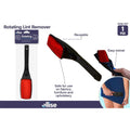 black handle with red lint brush; compact elongated shape; swivel head design; packaging features brand 'ellise';