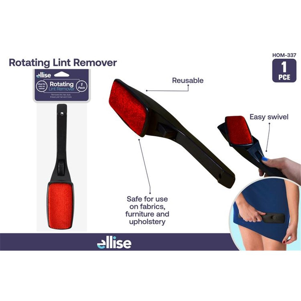 black handle with red lint brush; compact elongated shape; swivel head design; packaging features brand 'ellise';