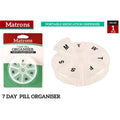 round clear plastic pill organiser; seven compartments labelled with weekdays; compact portable design; secure snap lids;