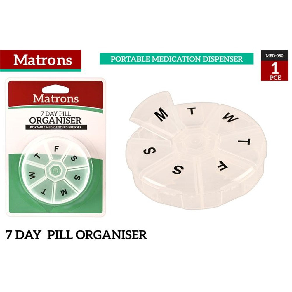 round clear plastic pill organiser; seven compartments labelled with weekdays; compact portable design; secure snap lids;