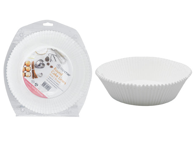 white round paper liners; pack of multiple liners; fluted edges; thin paper material; packaging labelled with product info;