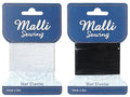 blue card packaging with Malli Sewing branding; white or black round elastic on cards; elastic wound neatly around card; elastic diameter approximately 1mm; each card labelled '1mm x 5m';