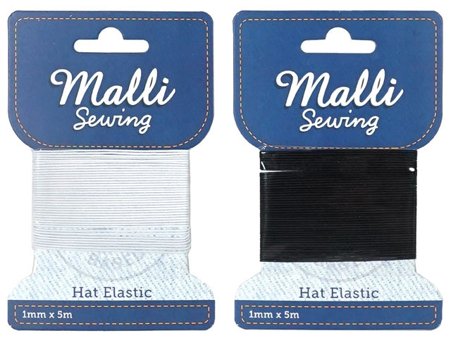blue card packaging with Malli Sewing branding; white or black round elastic on cards; elastic wound neatly around card; elastic diameter approximately 1mm; each card labelled '1mm x 5m';