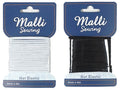 white round elastic cord on blue Malli Sewing card; black round elastic cord on blue Malli Sewing card; flexible elastic wound flat on packaging; 2mm thickness, 4 metres length indicated on card; packaging includes Malli Sewing branding;