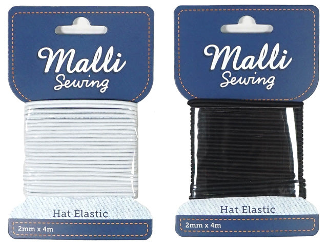 white round elastic cord on blue Malli Sewing card; black round elastic cord on blue Malli Sewing card; flexible elastic wound flat on packaging; 2mm thickness, 4 metres length indicated on card; packaging includes Malli Sewing branding;