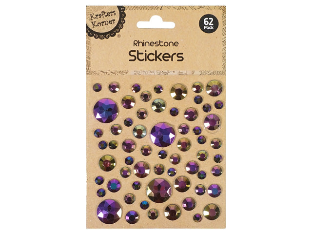 assorted round rhinestones in various sizes; purple and iridescent colours; faceted gem-like appearance; kraft paper backing card packaging;