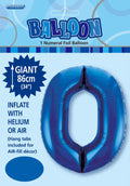royal blue colour; foil material; number 0 shaped; 34 inch / 86 cm size; packaging shows balloon and brand Meteor;