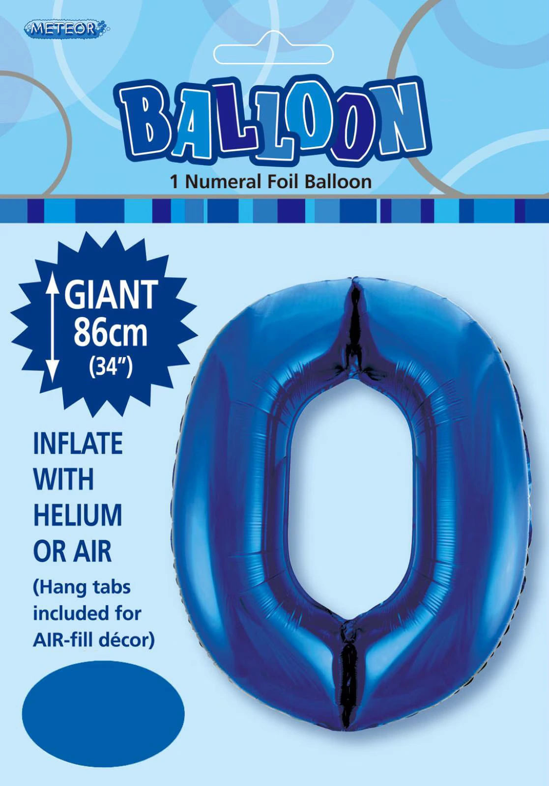royal blue colour; foil material; number 0 shaped; 34 inch / 86 cm size; packaging shows balloon and brand Meteor;