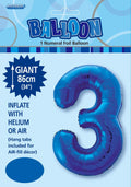 royal blue colour; foil material; number 3 shape; packaged product with header card;