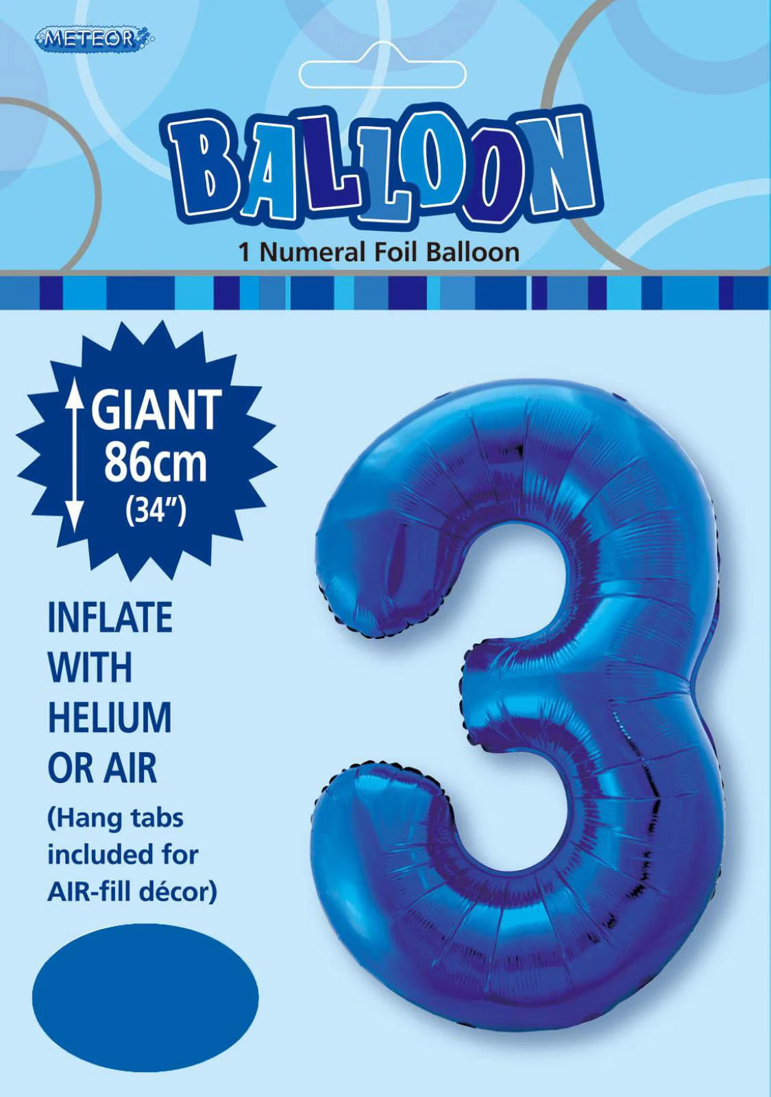 royal blue colour; foil material; number 3 shape; packaged product with header card;