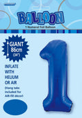 Royal blue colour; Number "1" shape; Foil material; 34 inch / 86 cm size; Packaging with blue graphics;