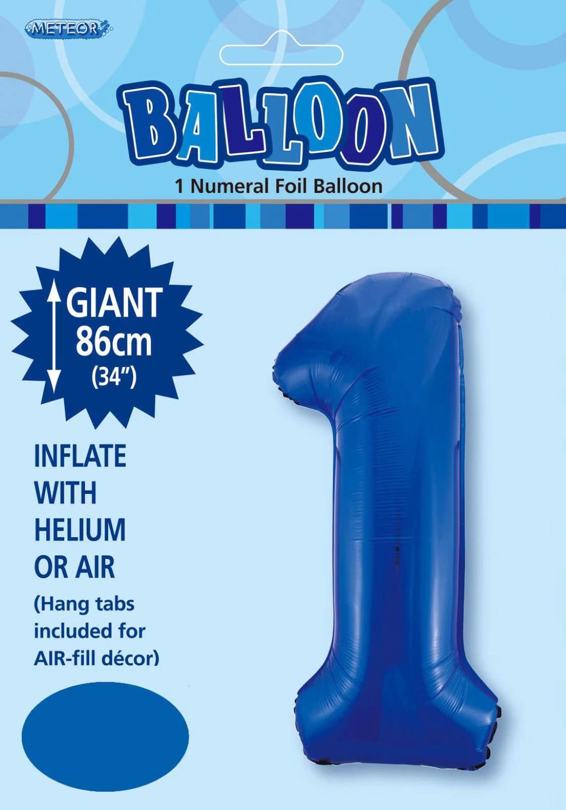 Royal blue colour; Number "1" shape; Foil material; 34 inch / 86 cm size; Packaging with blue graphics;