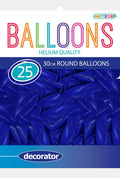 royal blue colour; latex material; round shape; pack of 25 balloons; pack design with multicolour BALLLOONS text;