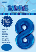 royal blue colour; number 8 shape; foil material; 34 inch (86cm) size; packaging with Meteor branding;