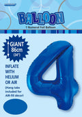 blue foil balloon in shape of number 4; packaging shows balloon size 86cm (34 inch); text on packaging indicates inflate with helium or air; balloon has hang tabs for decoration;