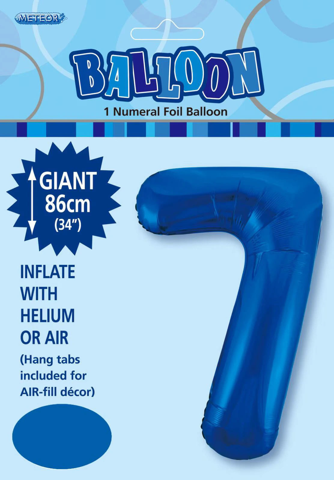 Royal blue colour; Number 7 shape; Foil material; 34 inch (86cm) size; Packaged with branded header card;