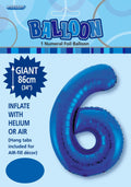 royal blue colour; foil material; number 6 shape; packaged balloon; height labelled 86cm (34 inch);