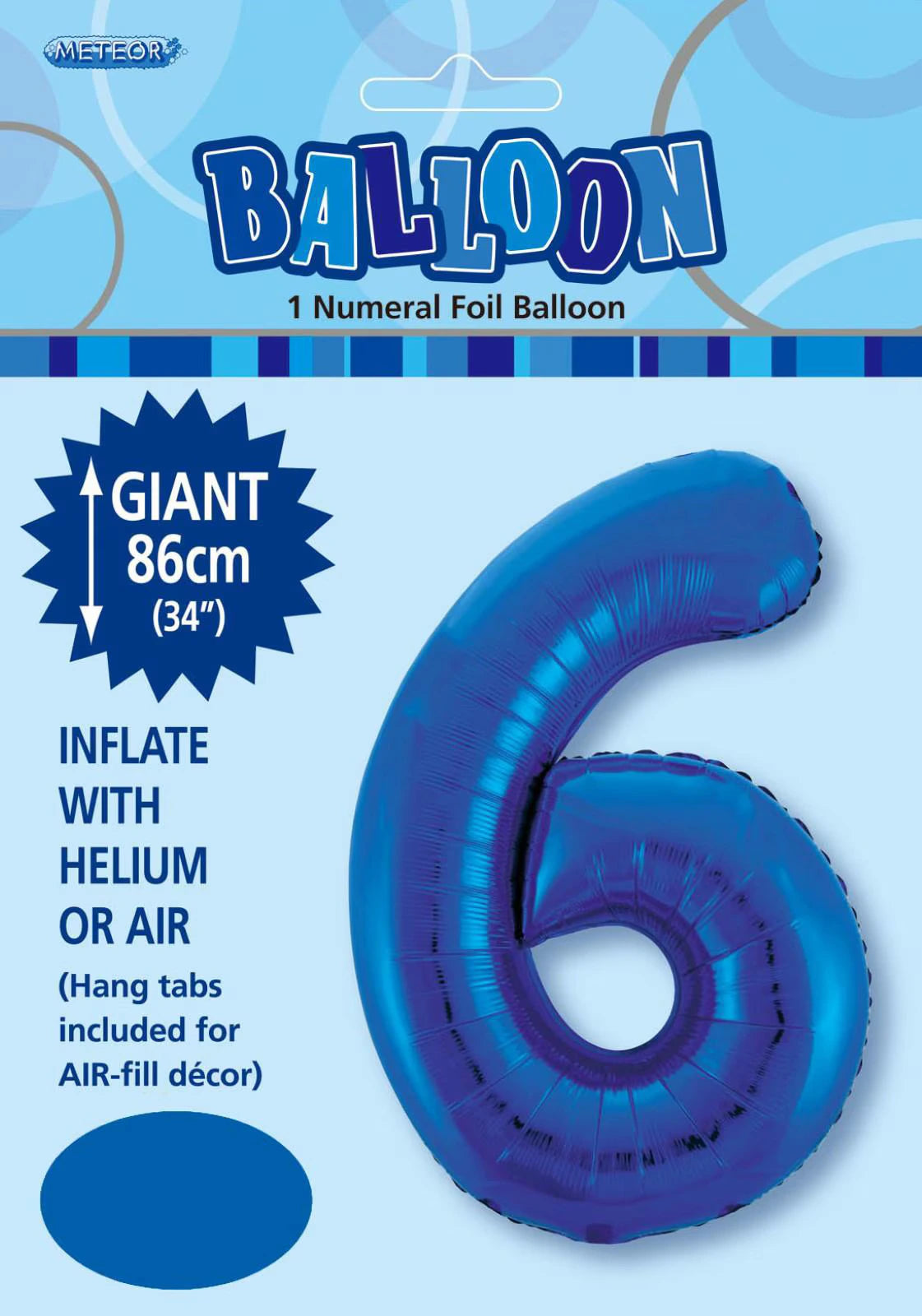 royal blue colour; foil material; number 6 shape; packaged balloon; height labelled 86cm (34 inch);