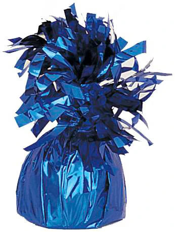 royal blue colour; foil material; shiny reflective surface; fringed top design; compact wrapped shape;