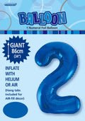 royal blue colour; number 2 shape; foil material; packaging with balloon size info; 34 inch (86cm) size;