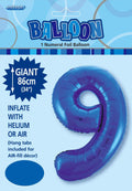 Royal blue colour; Numeral 9 shape; Metallic foil material; 34 inch (86cm) size; Packaged with header card;