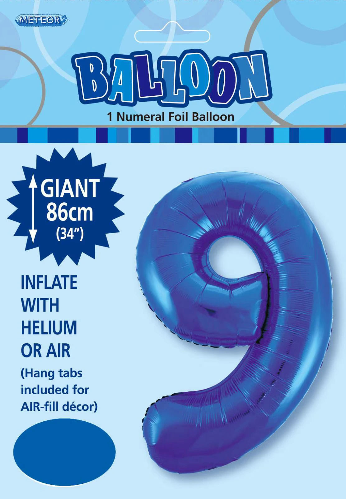 Royal blue colour; Numeral 9 shape; Metallic foil material; 34 inch (86cm) size; Packaged with header card;