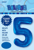 blue foil material; number 5 shape; 34 inch (86 cm) size; packaging with balloon image; hang tabs visible on packaging;